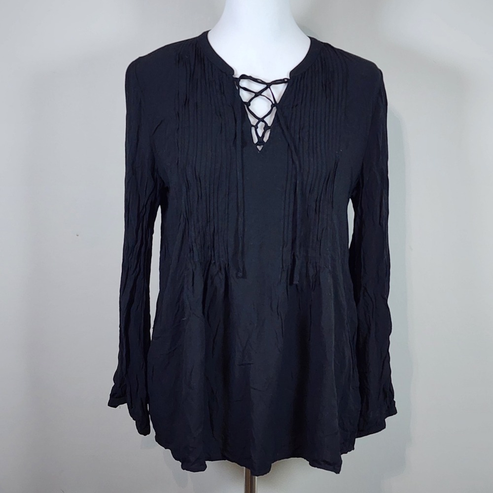 Old Navy Lace Up Blouse Womens Medium Black Peasant Goth Whimsigoth Witchy